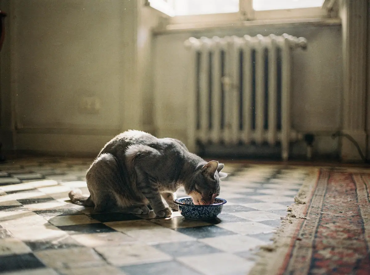 A grey tabby cat eating from a small blue enamel bowl by a radiator